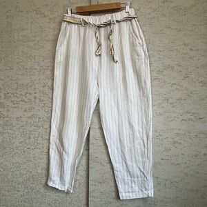 Scandal Striped White Linen Pants Belt Sz S Made in Italy Elastic Waist Boho